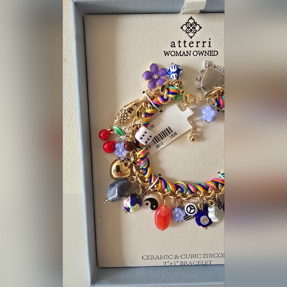 Atterri Multicolor Charm Bracelet Ceramic & CZ Rainbow Boho Statement 7+1 NWT - Picture 3 of 5